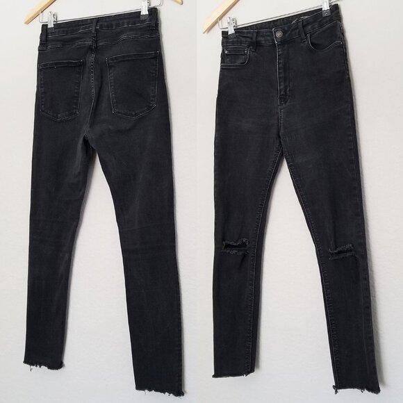 Zara High Waist Ripped Knee Skinny Jeans Raw Hem Size 4 Faded Black Grunge Moto - Picture 11 of 13